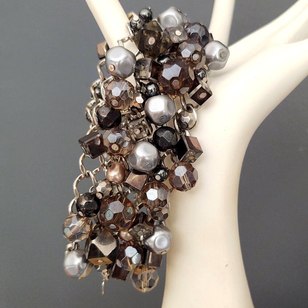 Glass, faux gray pearls and shades of gray beaded bracelet
